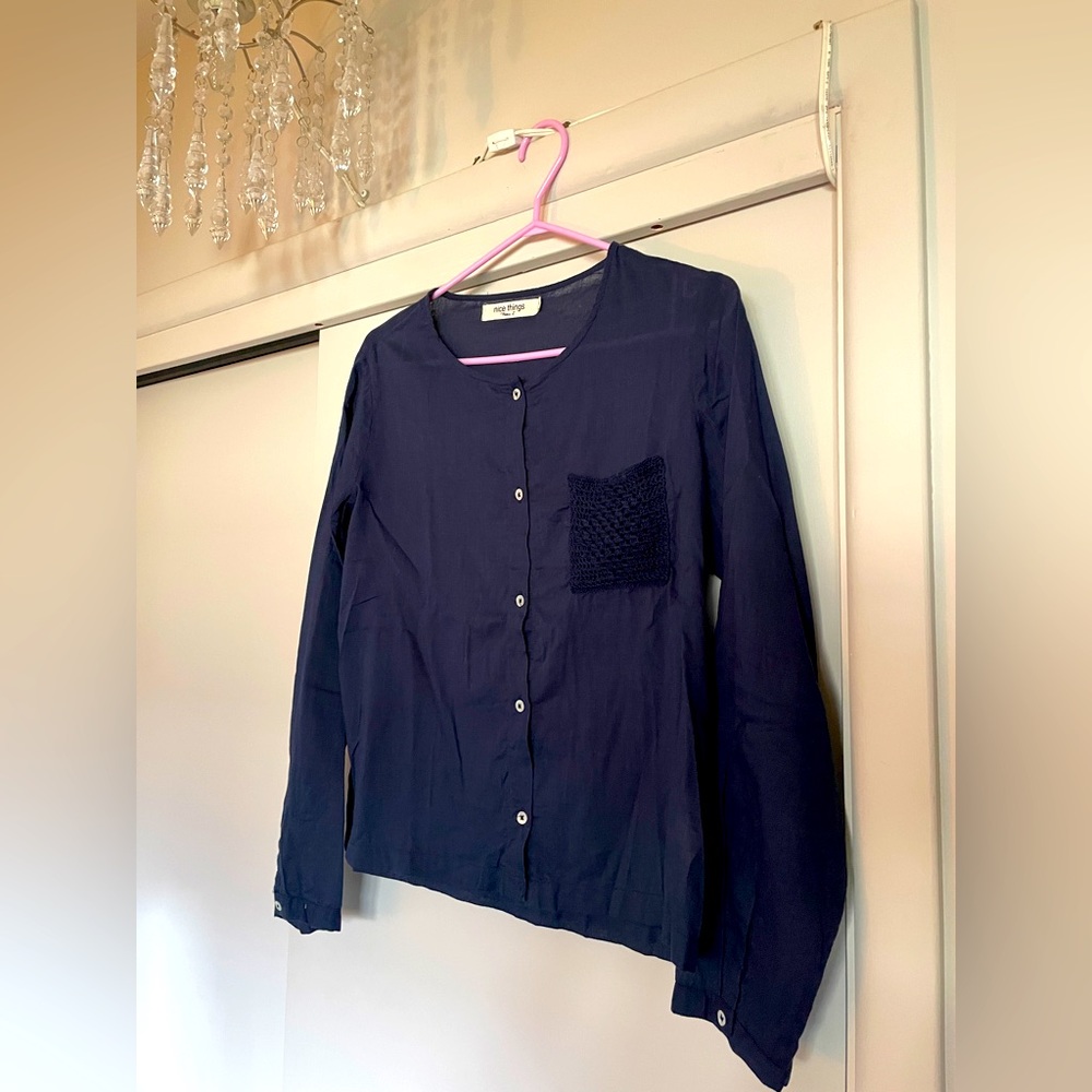 Navy blue cotton blouse with pocket by Nice Things (size med)